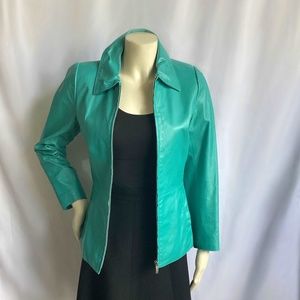 B by Bernardo Teal Long Sleeve Collared Leather Jacket